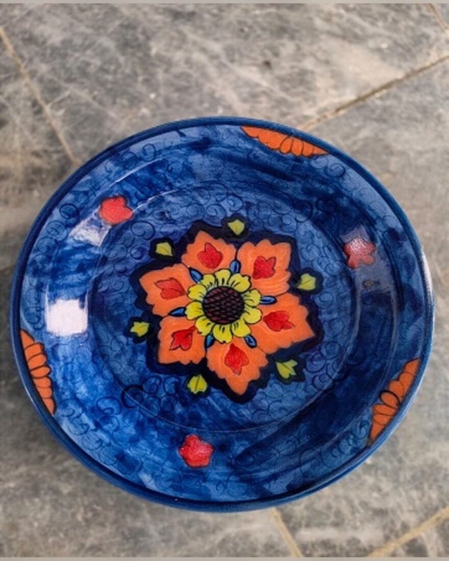 Blue Pottery Small Dish – Blue with Orange Flower – SMT-EH-457