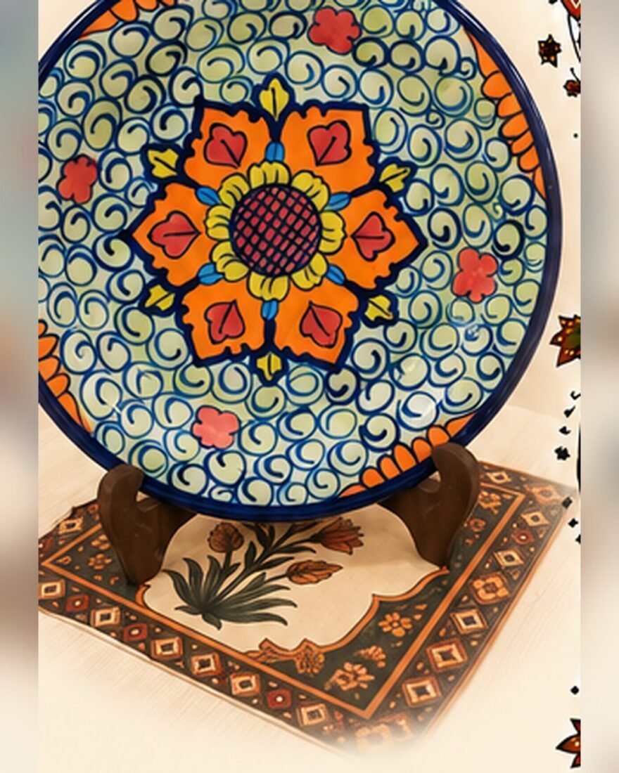 Blue Pottery Small Dish – Orange Mandala – SMT-EH-474