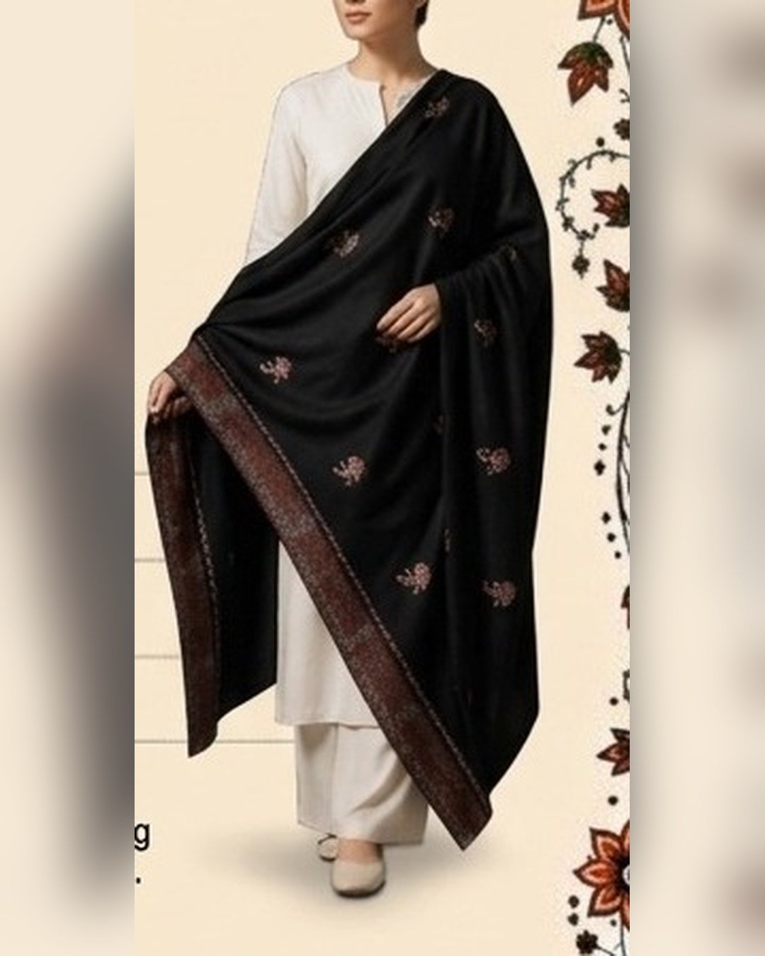 Embroidered Wool Shawl – Black with Maroon Border – SMT-0447
