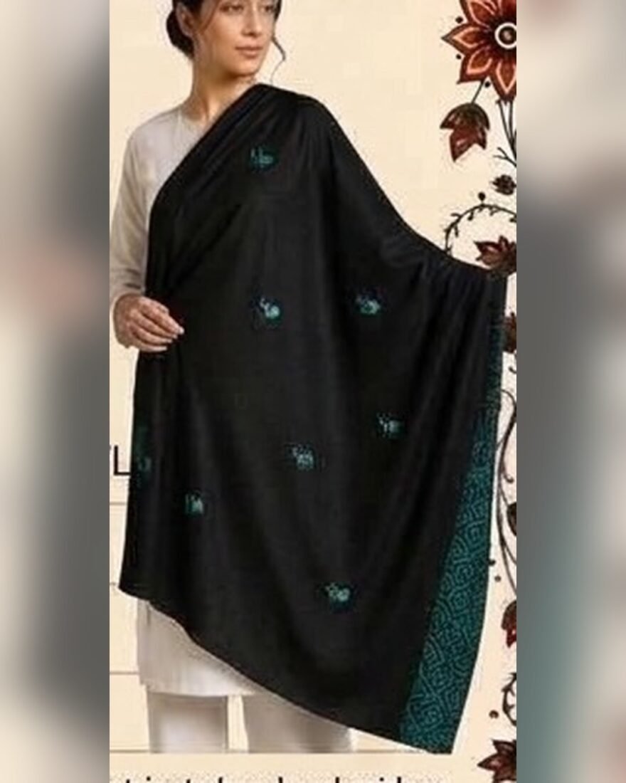 Embroidered Wool Shawl – Black with Teal Motifs – SMT-0443