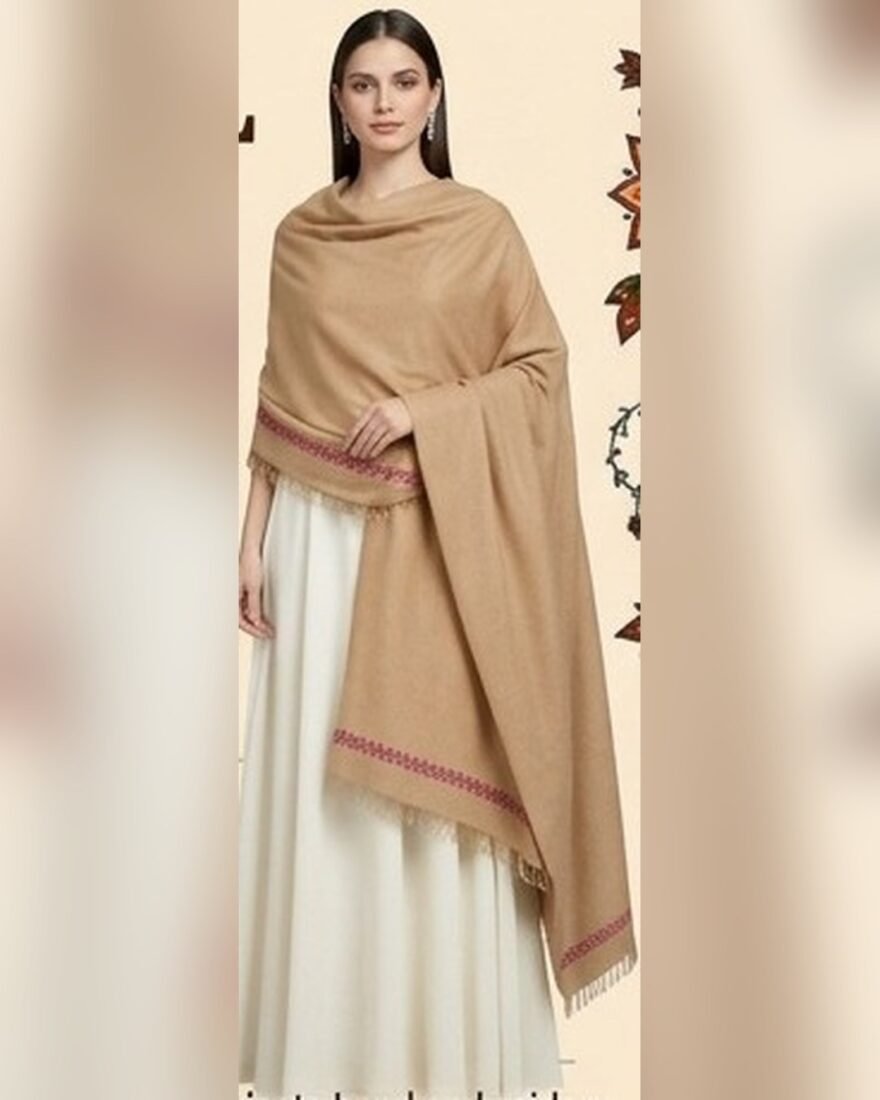 Embroidered Wool Shawl – Camel with Pink Border – SMT-0440