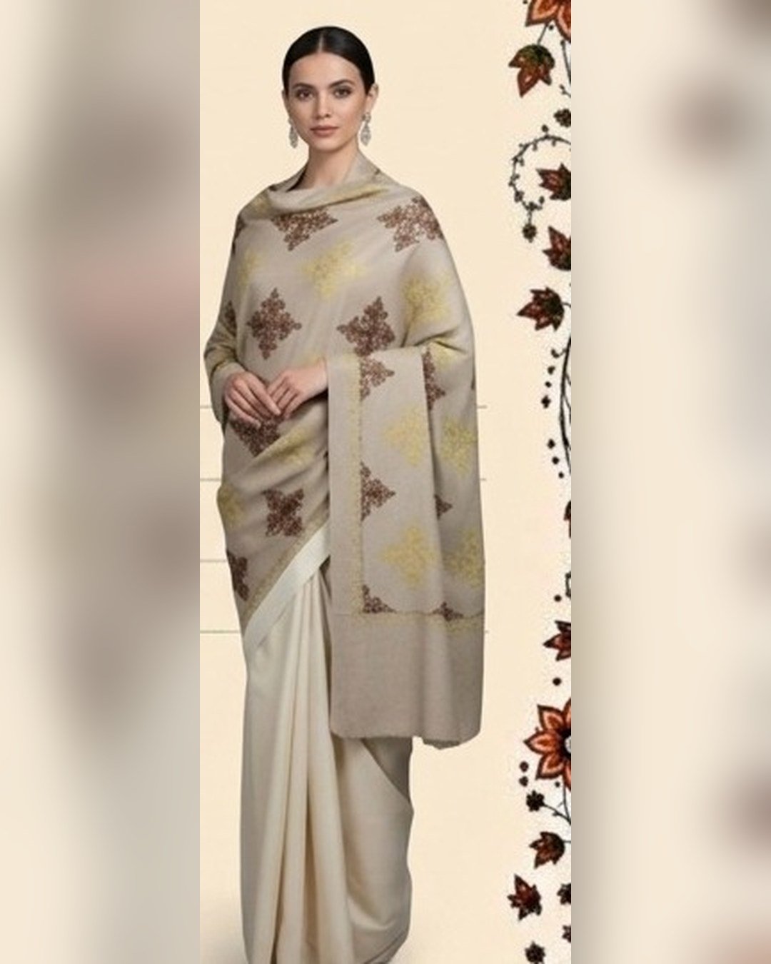 Embroidered Wool Shawl – Warm Beige – SMT-0446